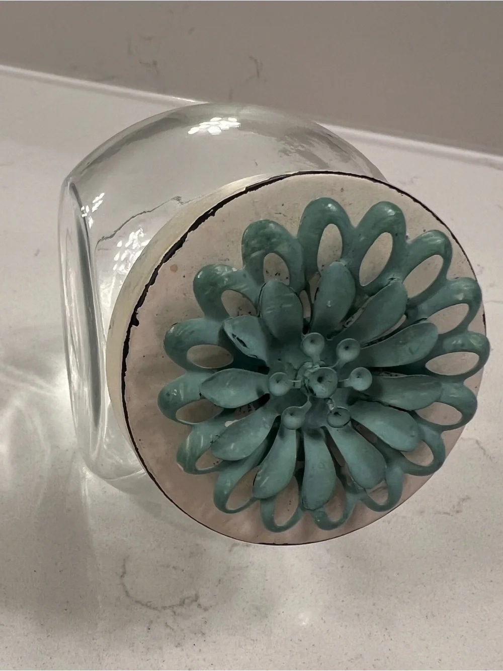 Small Decorative Glass Jar w/ Floral Lid - Vanity Catchall Desk Organizer